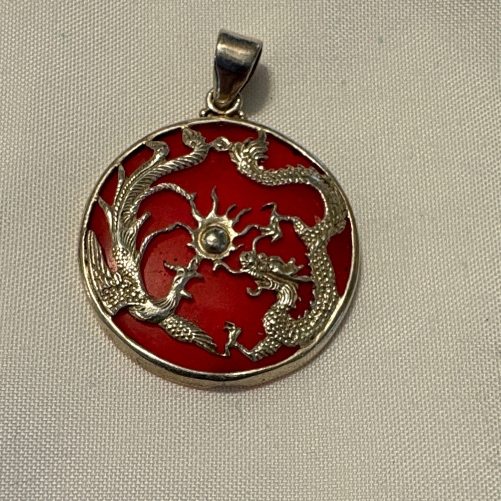 Fashion Sterling Dragon & Phoenix Red Enamel Pendant